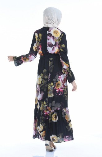 Çiçek Desenli Kuşaklı Elbise 60033-01 Siyah