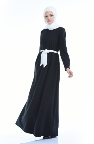 Plissee Detailliertes Kleid mit Band 60037-06 Schwarz 60037-06