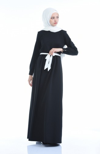 Plissee Detailliertes Kleid mit Band 60037-06 Schwarz 60037-06