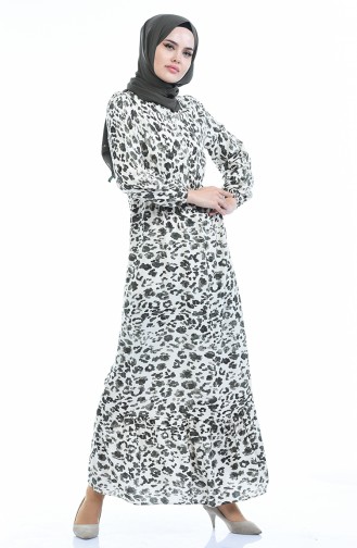 Kolu Lastikli Desenli Elbise 2016-02 Haki Bej