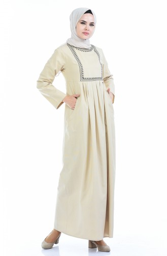 TUBANUR Embroidered Pocket Pleated Dress 2916-13 Beige 2916-13