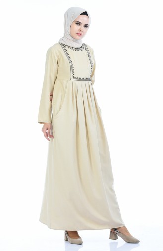 TUBANUR Embroidered Pocket Pleated Dress 2916-13 Beige 2916-13