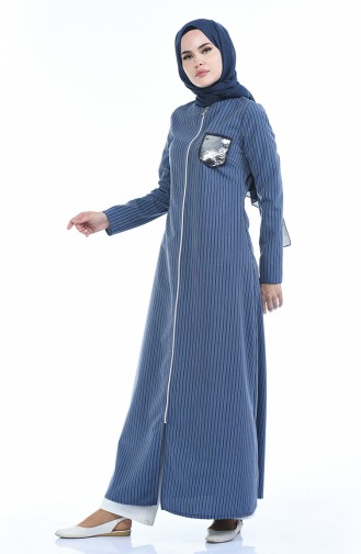 Pailletten Detailliertes Abaya mit Reissverschluss 1958-02 Indigo 1958-02