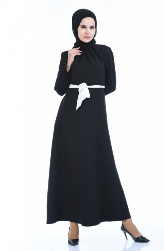 Kolu Lastikli Kuşaklı Elbise 60038-02 Siyah