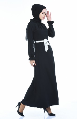 Kolu Lastikli Kuşaklı Elbise 60038-02 Siyah