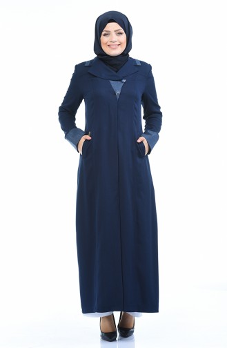 Knopf-detaillierter Leinen Hijab Mantel  7010-01 Dunkelblau 7010-01