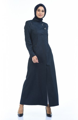 Leinen Hijab Mantel mit Tasche 7260A-01 Dunkelblau 7260A-01