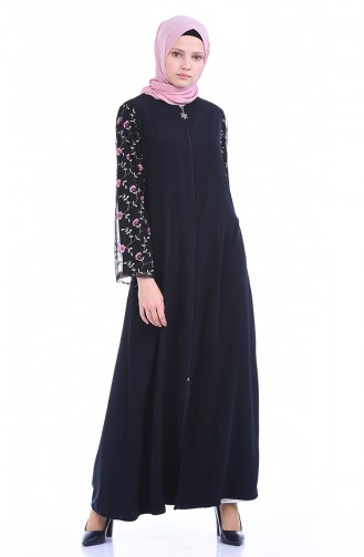 Tüll gesticktes Abaya 0020-02 Dunkelblau 0020-02