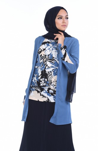 Desenli Bluz Ceket İkili Takım 0011-02 İndigo