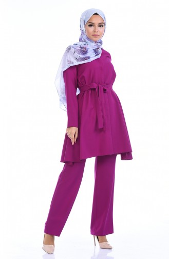 Ensemble Deux Pieces Tunique Pantalon a Ceinture 0235-09 Fushia 0235-09