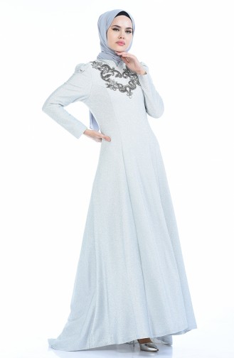 Silver Gray Hijab Evening Dress 7057-03