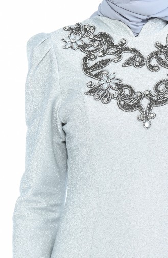 Taş Detaylı Simli Abiye Elbise 7057-03 Açık Gümüş