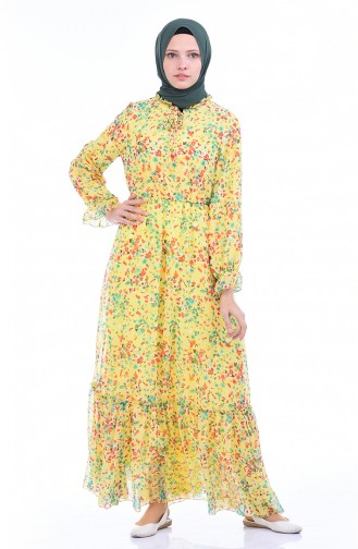 Desenli Şifon Elbise 1280-04 Sarı