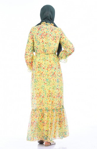 Desenli Şifon Elbise 1280-04 Sarı