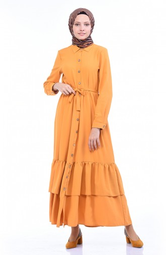 Boydan Düğmeli Kuşaklı Elbise 1285-01 Hardal