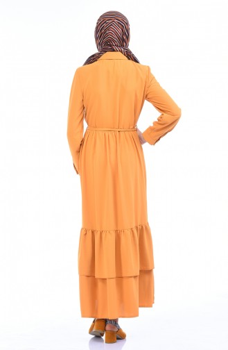 Boydan Düğmeli Kuşaklı Elbise 1285-01 Hardal