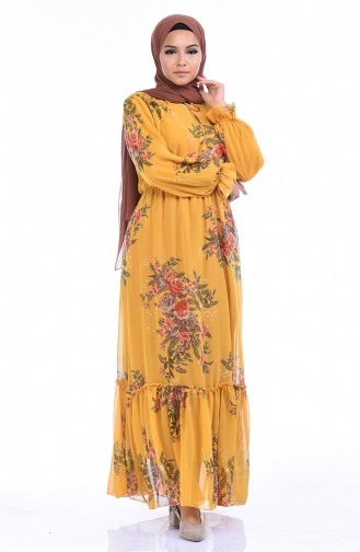 Gemustertes Chiffon Kleid  1291-02 Senf 1291-02