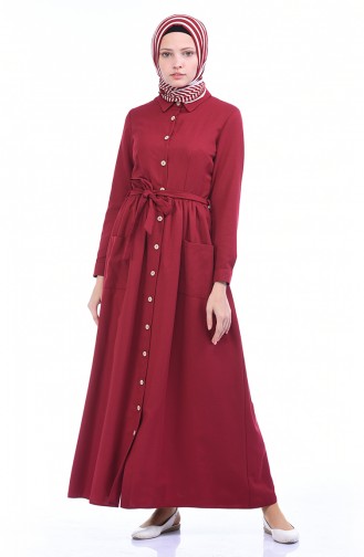 Geknöpftes Kleid mit Tasche 4286-03 Weinrot 4286-03