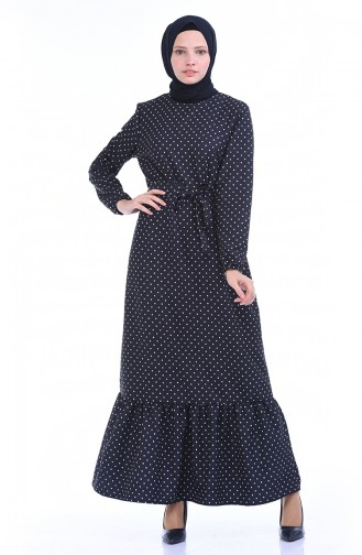 Puantiyeli Kuşaklı Elbise 1011-01 Lacivert