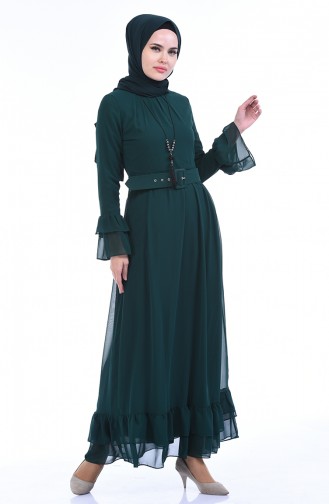Kemerli Fırfırlı Elbise 4156-06 Yeşil
