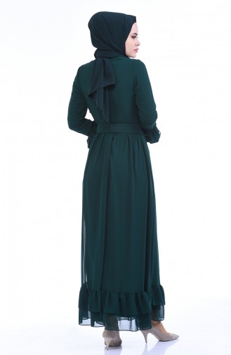 Kemerli Fırfırlı Elbise 4156-06 Yeşil