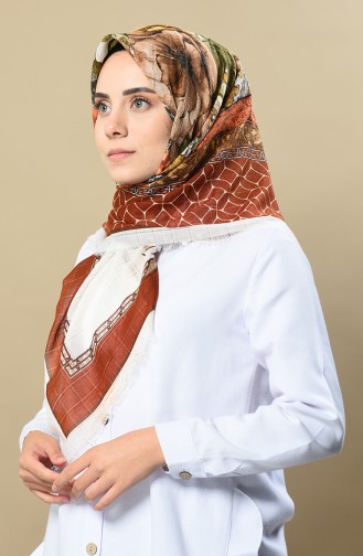 Desenli Kare Dokuma Pamuksu Eşarp 2342-10 Beyaz Turuncu