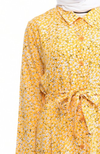 Çiçek Desenli Kuşaklı Elbise 4218-05 Sarı