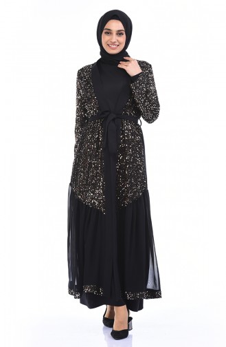 Payetli Kuşaklı Abaya 61275-05 Siyah Gold