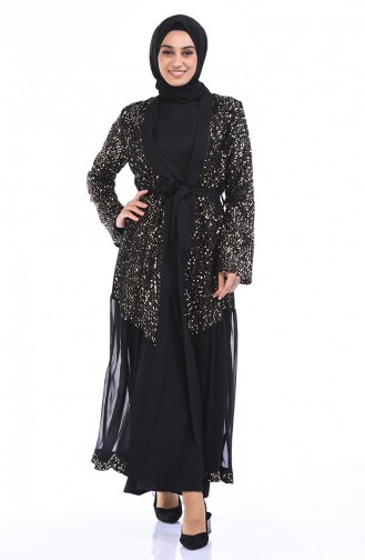 Abaya a Paillettes et Ceinture 61275-05 Noir Gold 61275-05