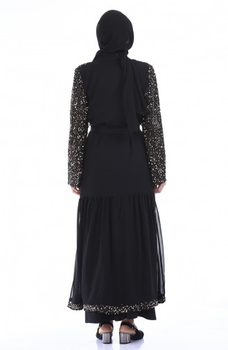 Abaya a Paillettes et Ceinture 61275-05 Noir Gold 61275-05