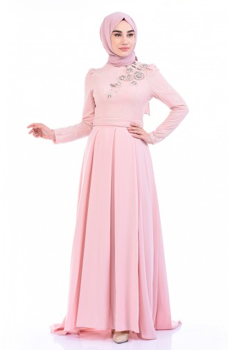 Powder Hijab Evening Dress 7027-01