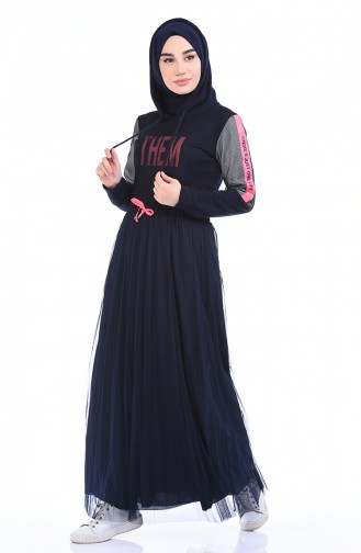 Navy Blue Hijab Dress 9076-02