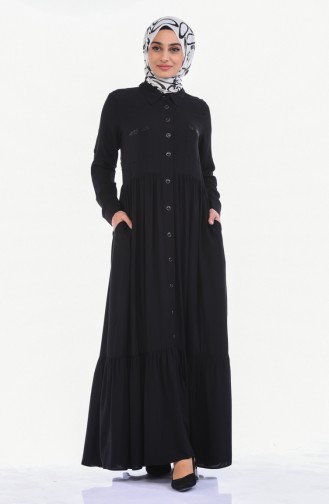 Boydan Düğmeli Büzgülü Elbise 99208-07 Siyah