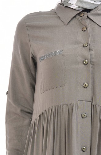 Boydan Düğmeli Büzgülü Elbise 99208-08 Açık Haki Yeşil