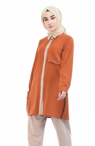 Tensel Kumaş Tunik Pantolon İkili Takım 6353-04 Kiremit Vizon