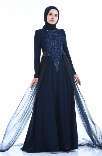 Navy Blue Hijab Evening Dress 5209-01