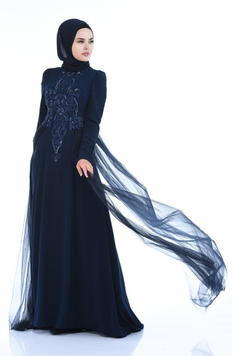 Navy Blue Hijab Evening Dress 5209-01