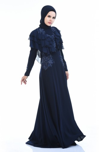 Navy Blue Hijab Evening Dress 7023-01