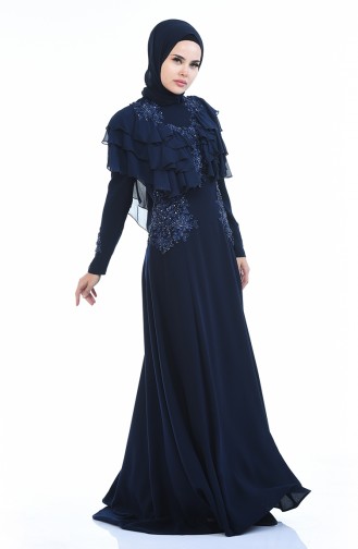 Perle detailliertes Abendkleid 7023-01 Dunkelblau 7023-01