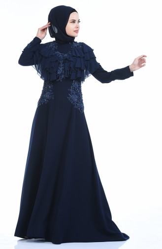 Navy Blue Hijab Evening Dress 7023-01