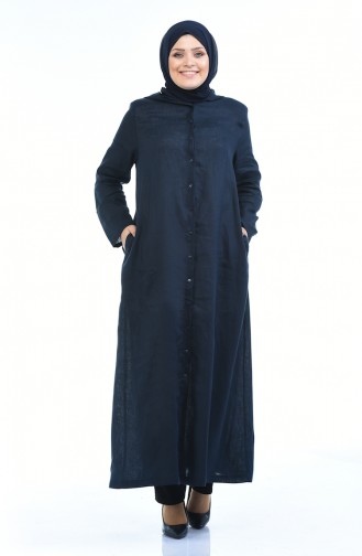 Abaya en lin a Capuche Grande Taille 0382-01 Bleu Marine 0382-01