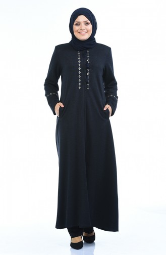 Grosse Grösse Besticktes Abaya 8202-02 Dunkelblau 8202-02