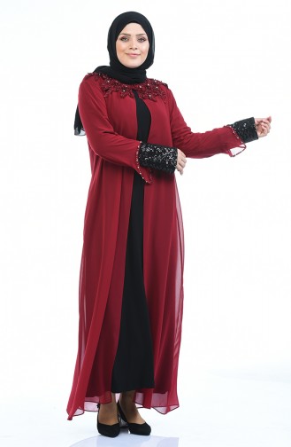 Claret Red Hijab Evening Dress 6055-04