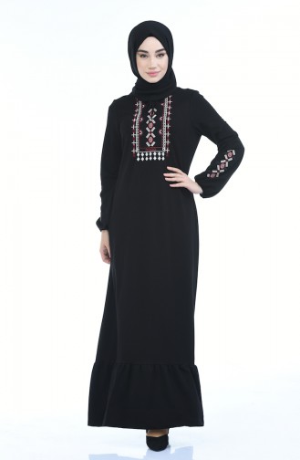 Kolu Lastikli Nakışlı Elbise 4077-01 Siyah