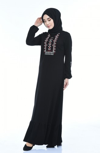 Kolu Lastikli Nakışlı Elbise 4077-01 Siyah