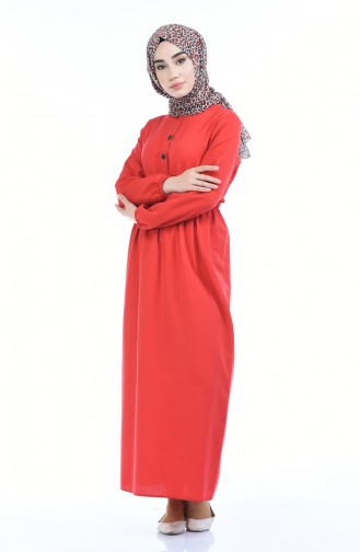 Düğme Detaylı Lastikli Elbise 6014-01 Kırmızı