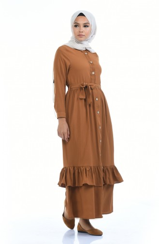 Boydan Düğmeli Büzgülü Elbise 5790-01 Taba