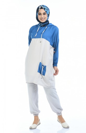 Aerobin Kumaş Kapüşonlu Tunik Pantolon İkili Takım 5837-02 İndigo Taş