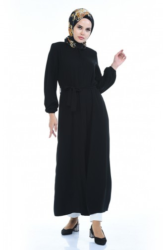 Kolu Lastikli Kuşaklı Elbise 8353-01 Siyah