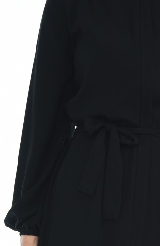Kolu Lastikli Kuşaklı Elbise 8353-01 Siyah